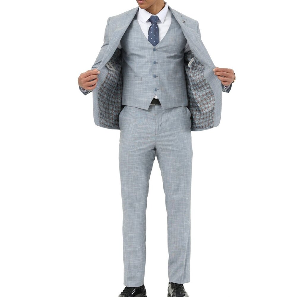Light Blue Crosshatch Pattern Notch Lapel 3 Piece Stacy Adams Men's Suit - Picture 2 of 3